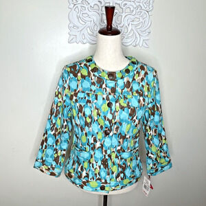 RUBY Rd Size 10 Unlined JACKET Beaded Snap Front Turks & Caicos Print BLUE NWT